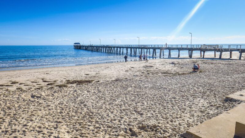 A bright, sunny day at the beach with a long wooden pier stretching into the ocean. Several people are walking or sitting on the sandy shore, and gentle waves are lapping at the beach.
